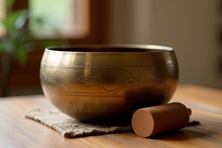 A large, ornate Tibetan singing bowl with a mallet resting beside it, on a natural wooden surface with soft, diffused light.