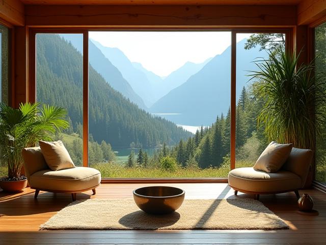 Serene interior of Prairie Pulse Studio with natural light and musical instruments, peaceful British Columbia landscape visible through windows