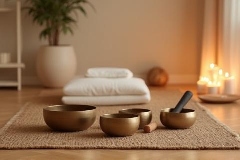 One-on-one private sound healing session environment with instruments and soft lighting