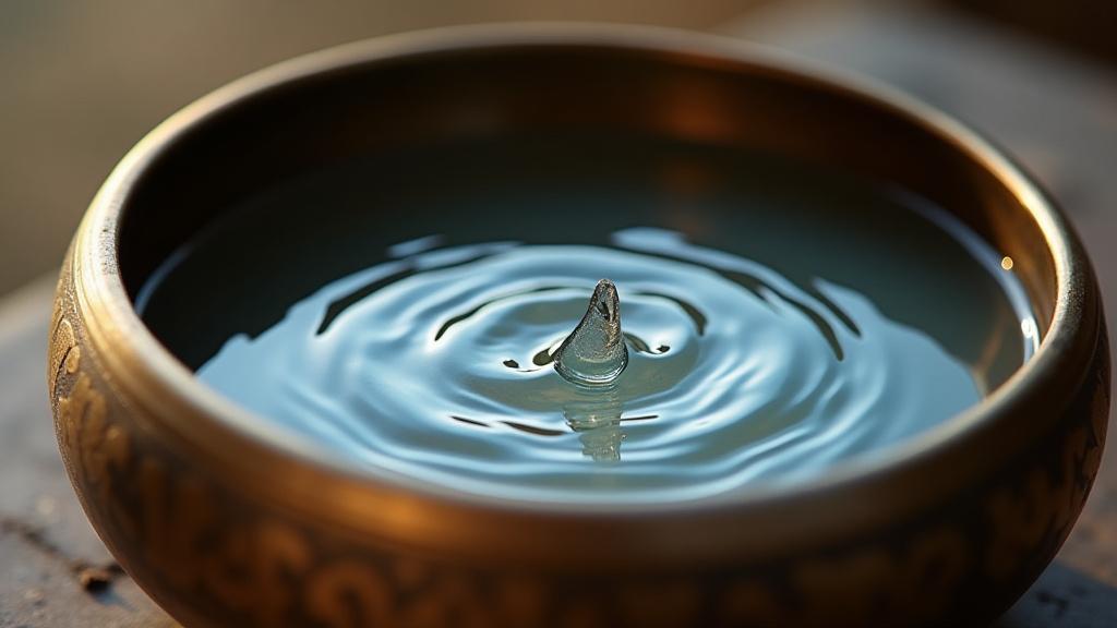 A close-up of a Tibetan singing bowl filled with water, creating intricate patterns of sound vibrations, set against a blurred, serene studio background.